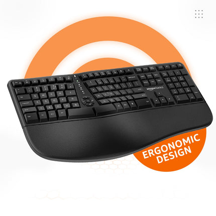 Amazon Basics Pro Series Wireless Ergonomic Keyboard with Mouse|2.4GHz & Bluetooth | Multi-Device Support | 12 Programmable Keys | Cushioned Wrist Rest | 48 Hr Playtime | PC,Laptop,Tablet Compatible