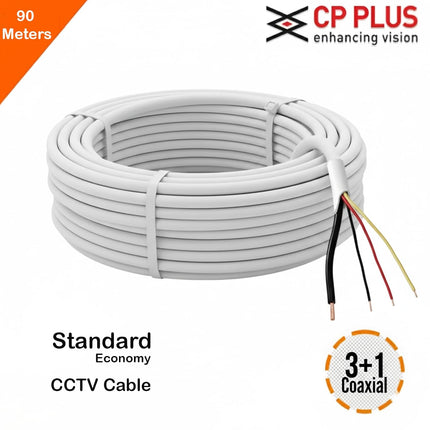 CP Plus 3+1 CCTV Cable | 90 Meter Standard Length | Solid Bare Copper Conductor | HDPE Insulation | AL-Mylar Shielded | High Durability Black & White Cable [CP-ECC-90R]