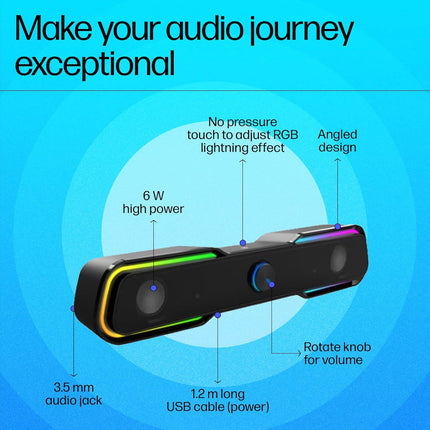 HP DHE-6002 Wired Speaker, 3.5mm aux connectivity, Surround Sound, PC and Phone Compatible, Easy Volume Controls, Touch-Controlled RGB Lighting, 1-Year Warranty, 0.77 kg, Black, 8C573AA
