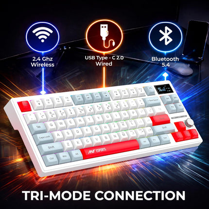 Ant Esports APEX200 Tri‑Mode Mechanical Gaming Keyboard (2.4GHz-Bluetooth-Wired) 84Key RGB Magnetic Keyboard Hall Effect Switches 1000Hz Wireless Polling Rapid Trigger Hot‑Swappabl PBT Keycaps –White