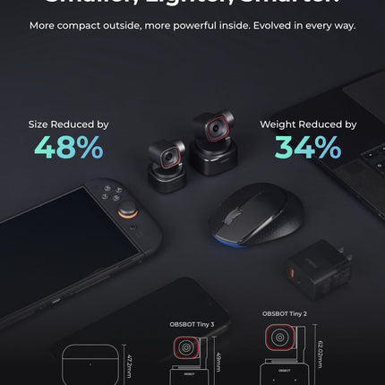OBSBOT Tiny 3 4K PTZ AI Webcam with 1/1.28” Sensor, Autofocus, AI Tracking 2.0, Voice & Gesture Control, Tri-Mic Spatial Audio, 1080P@120FPS, HDR | Webcam for Streaming, Meetings & Content Creation
