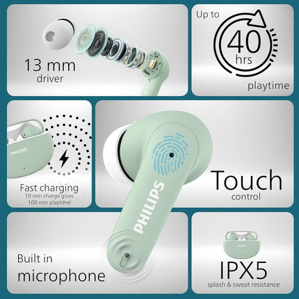 Philips TAT1269 Bluetooth Truly Wireless in Ear Earbuds with mic, 13mm Drivers, Bluetooth 5.4, 40H Playtime, IPX5, Fast Charging,Touch Controls, Voice Assistant, Mono Mode, LED Indicator(Frosty Green)