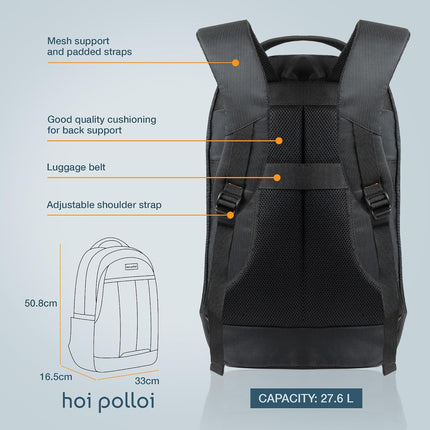 hoi polloi Premium Laptop Backpack for Men and Women, 15.6" Office Laptop Bag with Separate iPad Pocket upto 11", 27.6L Capacity, Water Resistant Polyester (Black, HPXL0002)