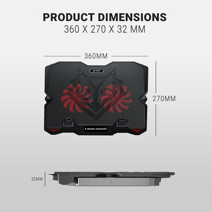 Ant Esports NC150 Ultra Slim and Sturdy Portable Laptop Cooling Pad with 2 * 1 125mm Red LED Fan, Anti Skid 5 Height Adjustable Stand, 2 USB Ports with Phone Holder- Supports 10-15.6 Inch Laptop
