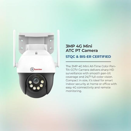 Trueview 3MP 4G Mini PT Security Camera with SIM Support | All-Time Color Vision | 360° Pan | Two-Way Audio | Human Detection | 256GB SD & Cloud | IP66 Waterproof | Alexa Compatible | STQC Certified