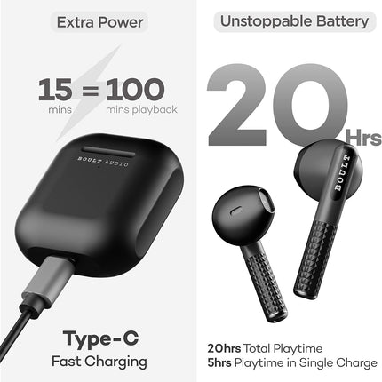 Boult Audio Newly Launched Airbass Powerpods Tws Featherweight Bluetooth Truly Wireless In Ear Earbuds With Mic, 20H Playtime With Zen Technology Enc, Fast Charging Type-C Ipx5 Water Resistant (Black)