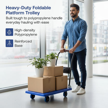 BonKaso 300Kg Heavy-Duty Foldable Platform Trolley | Plastic Hand Truck with 4 Wheels & Cushioned Grip Handle | Durable Material Cart for Home, Office, Warehouse & Industrial Use (90x60x86cm, Blue)