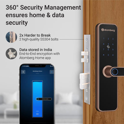 Atomberg Azhero Smart Door Lock | 6 Ways Unlocking | Fingerprint | PIN | Remote OTP | NFC Card | Atomberg App (Data Stored in India) | Key | Free Installation (Rose Gold)