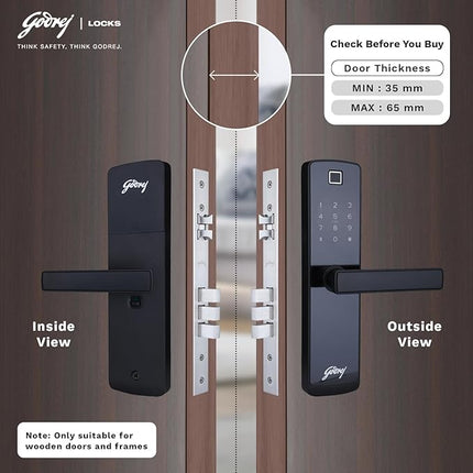 Godrej Smart Lock I Catus Connect I Digital Lock for Wooden Door |5 in 1 Access IWiFi I Fingerprint I RFID Card I PIN Access I Mechanical KeyI 3 Dead Bolts I Black I 3 Yrs Warranty| Free Installation - Unboxify