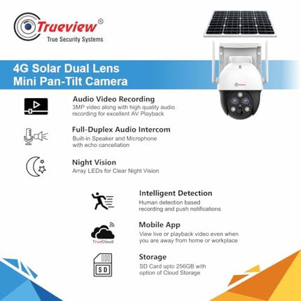 Trueview 4G Solar Security Camera | Wireless PTZ CCTV | 1296p Outdoor Waterproof Surveillance (4G Dual Lens Solar Mini Pan Tilt Camera) - Unboxify