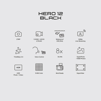 GoPro HERO12 Waterproof Action Camera with Front & Rear LCD Screens, 5.3K60 Ultra HD Video, HyperSmooth 6.0 + AutoBoost, Live Streaming with Enduro Battery (1-Yr International + 1-Yr India Warranty)