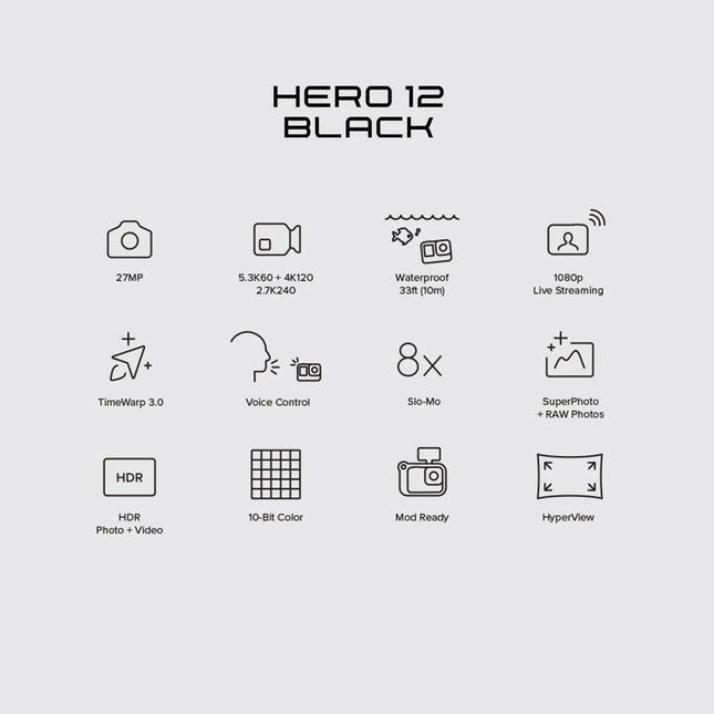 GoPro HERO12 Waterproof Action Camera with Front & Rear LCD Screens, 5.3K60 Ultra HD Video, HyperSmooth 6.0 + AutoBoost, Live Streaming with Enduro Battery (1-Yr International + 1-Yr India Warranty)