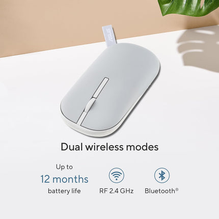 ASUS Marshmallow MD100 Wireless Bluetooth Mouse with Dual Mode (Bluetooth 5.0 & 2.4GHz), Silent Clicks, Adjustable 800/1000/1600 DPI, Multi-Device, Ergonomic Design, Grey, 1-Year Warranty