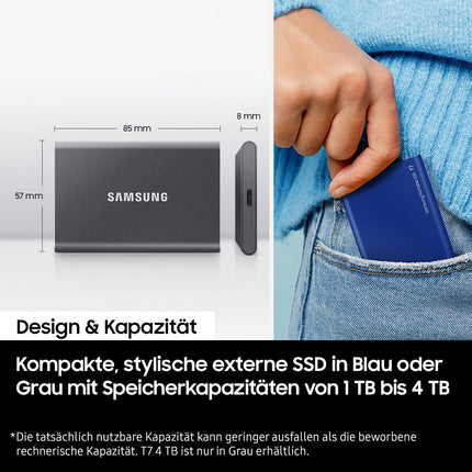 Samsung T7 1TB, Portable SSD, up to 1050MB/s, USB 3.2 Gen2, for Photography, Gaming, Students & Professionals, External Solid State Drive (MU-PC1T0T), Grey