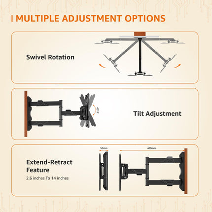 Amazon Basics Wall Mount for 32 to 55 inch TV with 6-Way Swivel Tilt | Full Motion Cantilever for LED, LCD, Plasma TV | Six-Way Precision Adjustments | Effortless Setup & Modern Minimalism (Black)