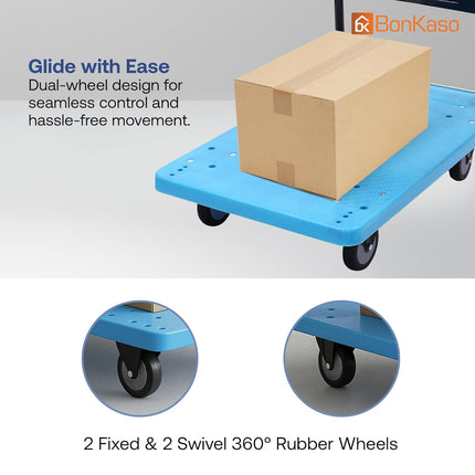 BonKaso 450Kg Heavy Duty Metal Platform Trolley | Foldable Hand Truck with 4 360° Rotating TPR Wheels & Cushioned Grip | Cart for Warehouse, Office & Home (91.5 x 58.3 cm) Blue