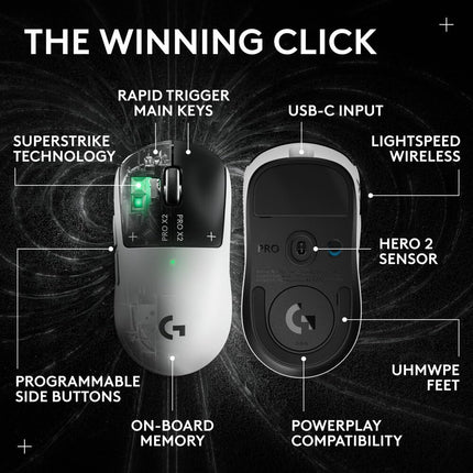 Logitech PRO X2 SUPERSTRIKE Lightspeed Wireless Gaming Mouse with The Fastest Click in the World, Ultra Lightweight (61 g), Customizable Click Haptics, USB-C Charging, for PC/Mac/Laptop - White