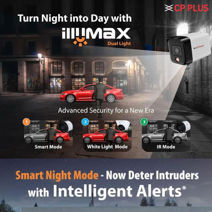 CP Plus CP-UNC-TA61L3C-LQ 6MP Dual Light Bullet Camera, IR Range of 30 Mtr., Warm Light Range of 30 Mtr, PoE, IP67, Support Built-in Mic, DWDR, Day/Night (ICR), Instastream, H.265, H.264, MJPEG