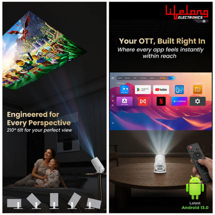 Lifelong Electronics Built-in Live TV Smart Projector | with 90+ Channels (No Subscription Required) | Android, 1080P & 4K Ultra HD Support, 720P Native | for Room & Outdoors | All OTT Apps | WiFi/BT