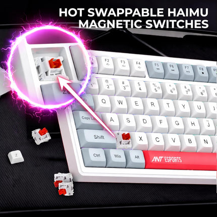 Ant Esports APEX200 Tri‑Mode Mechanical Gaming Keyboard (2.4GHz-Bluetooth-Wired) 84Key RGB Magnetic Keyboard Hall Effect Switches 1000Hz Wireless Polling Rapid Trigger Hot‑Swappabl PBT Keycaps –White