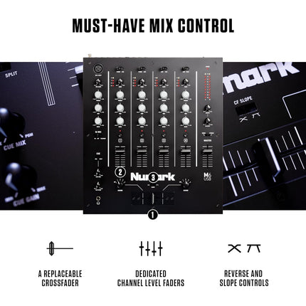Numark M6 USB | 4-Channel Dj Mixer With On Board Interface With On-Board Audio Interface, 3-Band EQ, Club-Ready Inputs, Microphone Input And Replaceable Crossfader With Slope Control Black