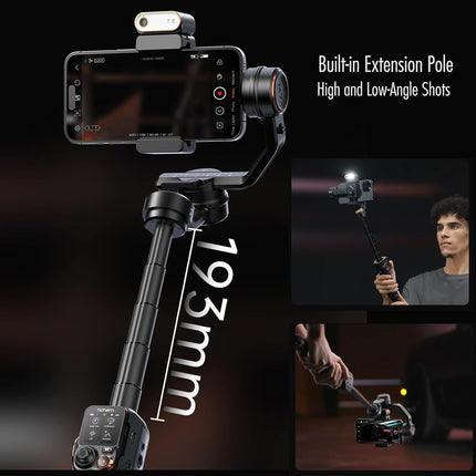 hohem Isteady M7 3 Axis Gimbal Stabilizer for iPhone and Smartphone W/AI Tracking,Detachable Touchscreen Remote,Extension Pole,Magnetic Fill Light for Video Recording, Black
