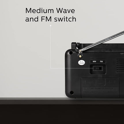 Philips Portable Radio RL191/94 with MW/FM Bands, 180mW RMS Sound Output, Telescopic Antenna, Battery & DC Powered (2xR20/3V DC), Compact & Portable Design (Black)