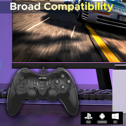 Ant Esports GP130 Wired Gamepad for PC, PS3, Android TV, Laptop – Dual Vibration USB Controller with Turbo Mode, 14 Buttons, Plug & Play, Ergonomic Design, Compatible with Windows & Steam_ Black