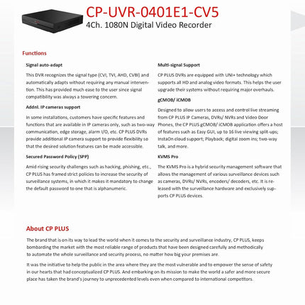 CP Plus 4 Channel DVR 1080N Digital Video Recorder CP-UVR-0401E1-CV5, Upto 2.4 MP Cameras Compatible, Black