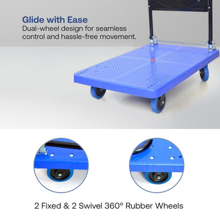 BonKaso 300Kg Heavy-Duty Foldable Platform Trolley | Plastic Hand Truck with 4 Wheels & Cushioned Grip Handle | Durable Material Cart for Home, Office, Warehouse & Industrial Use (90x60x86cm, Blue)