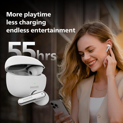Philips TAT1150WT/94 Premium Wireless Earbuds with ANC,Quad Mic ENC,Up to 55 Hr Playtime, 13mm Neodymium Drivers,Multipoint, ergonomically Designed,IPX5 Water Resistance,Fast Charging(Bright White)