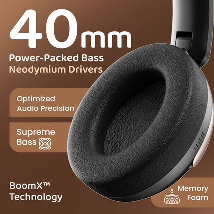GOBOULT Soniq Over Ear Bluetooth Headphones with 70H Playtime, 40mm Bass Drivers, Zen™ ENC Mic, Type-C Fast Charging, Dual Pairing, AUX, Wireless Headphones (Black)