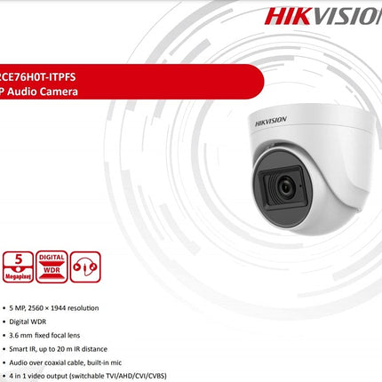 HIKVISION 5 MP Indoor Dome CCTV Camera with inbuilt Audio Mic DS-2CE76H0T-ITPFS White Wired, 1080P
