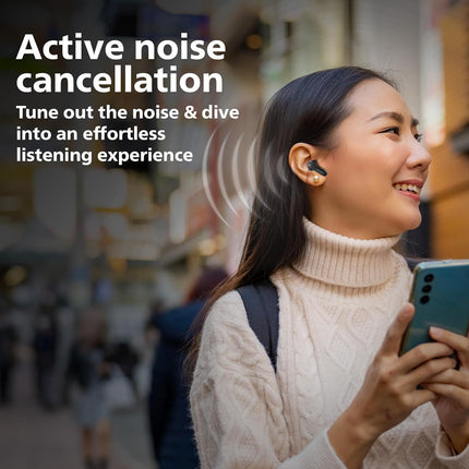 PHILIPS TAT1050BK/94 Truly Wireless Earbuds with ANC, Quad Mic ENC, Up to 50 Hr Playtime, 13mm Neodymium Drivers, Multipoint, IPX5 Water Resistance, Fast Charging, Ultra Low Latency (Deep Black)