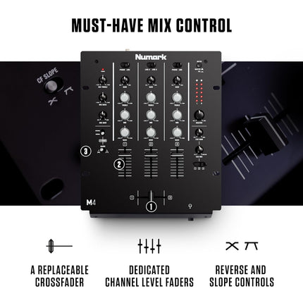 Numark M4 |3-Channel Rack Mountable Scratch DJ Mixer, Combo Jack Connection, with 3-Band EQ, Club-Ready Inputs, Mic Input and Reverse/Slope Controls, Black