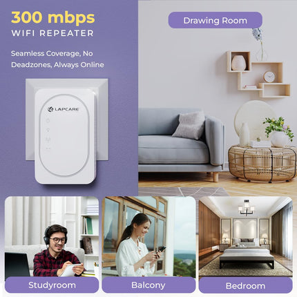 LAPCARE 300Mbps Wi-Fi Range Extender with Dual LAN Ports | High-Speed 2.4GHz Signal Booster for Home & Office | WPS Setup, Wide Compatibility, Reliable Coverage (LRE-602)