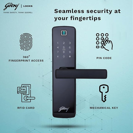 Godrej Smart Lock I Catus Connect I Digital Lock for Wooden Door |5 in 1 Access IWiFi I Fingerprint I RFID Card I PIN Access I Mechanical KeyI 3 Dead Bolts I Black I 3 Yrs Warranty| Free Installation - Unboxify