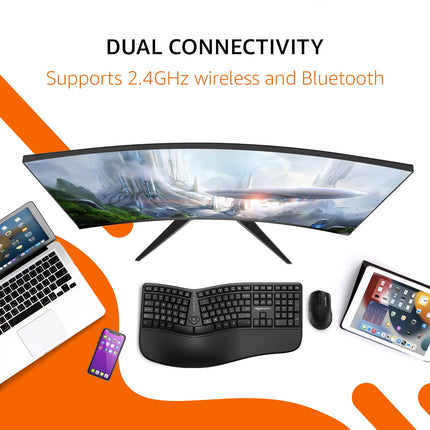 Amazon Basics Pro Series Wireless Ergonomic Keyboard with Mouse|2.4GHz & Bluetooth | Multi-Device Support | 12 Programmable Keys | Cushioned Wrist Rest | 48 Hr Playtime | PC,Laptop,Tablet Compatible