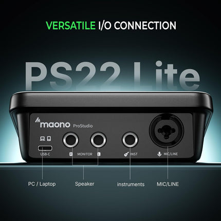 MAONO Audio Interface for Recording Studio: Audio Mixer with 24-bit/192kHz Routing Software, LOOPBACK ASIO Driver for Recording Music, Home-Studio, Podcast Setup, Guitar, DAW(PS22 Lite Black)