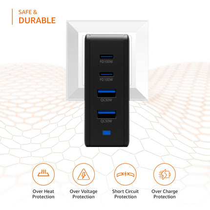 Amazon Basics 100W 4-Port GaN Charger | PD QC3.0 QC4.0 PPS Fast Charging Compact Adapter with Foldable Pins, for MacBook Pro Air 16'/14'/13', iPhone Series, Samsung S Series, iPad Pro/Air - Black