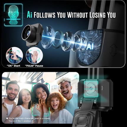 WeCool S8 AI-Powered Selfie Stick for Mobile, Auto Face Tracking Tripod with 360° Auto Rotating Selfie Stick, 64-inch/163 cm Long Aluminum Extension for Mobile & Camera with Quad-Leg Stability - Unboxify