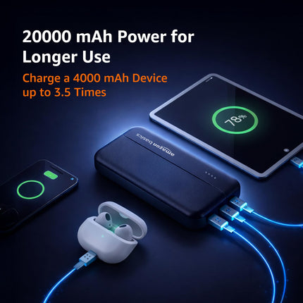 Amazon Basics 20000 mAh Power Bank | 22.5W Fast Charging | Dual Output & Input | Charge 3 Devices Simultaneously | for Smartphones, TWS Earbuds, Speakers, Tablets