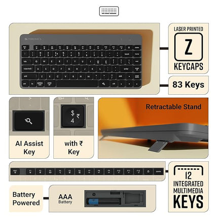 ZEBRONICS Companion 201 2.4GHz Wireless Keyboard & Mouse Combo, 83 Keys, AI Assist Key, 12 Integrated Multimedia Keys, 3 Button Mouse, 1600 DPI, High Precision, Silent Operation (Black + Grey) - Unboxify