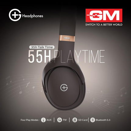 GM G+ Headphones, 70H Playtime Over The Ear Headphones with Mic, BT 5.3, Pure Bass, 45ms Low Latency, Dual Pairing, 4 Play Modes (FM, Radio, SD Card & Aux), 1 Year Warranty