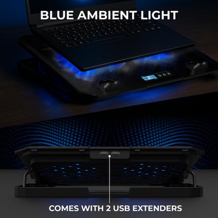 EvoFox Frost Plus Laptop Cooling Pad | Laptop Cooler Pad with Dual Fans, Blue LED Backlight, Iron Mesh Design, LCD Display, Adjustable Stand, Ultra-Quiet Dual USB Cooling Pad (Black)