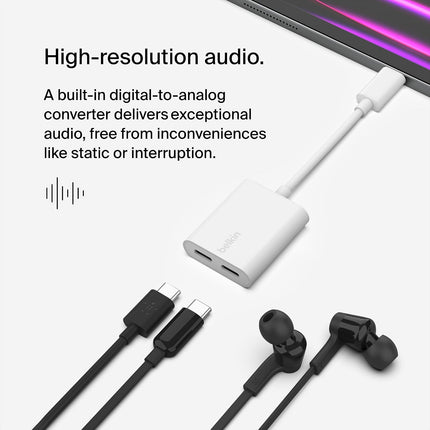 Belkin Type-C Audio + Charge Rockstar, USB-C Audio Adapter for iPhone 15 Series, iPad, Google Pixel, Galaxy and More- White