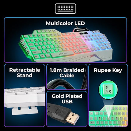 ZEBRONICS Optimus Gaming Keyboard & Mouse Combo, Braided Cable, Gold Plated USB, Upto 3600 DPI, 6 Buttons, High Resolution Sensor, Multicolor LED, Dedicated Macro Keys, 117 Keys (White) - Unboxify