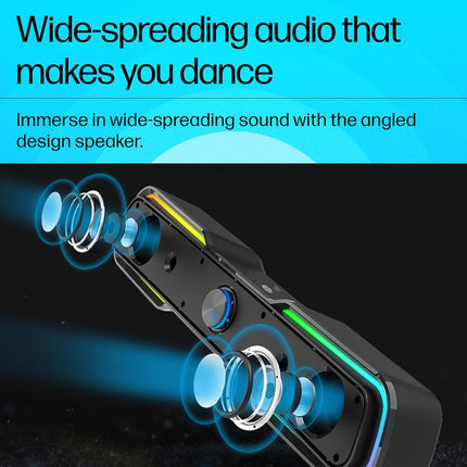 HP DHE-6002 Wired Speaker, 3.5mm aux connectivity, Surround Sound, PC and Phone Compatible, Easy Volume Controls, Touch-Controlled RGB Lighting, 1-Year Warranty, 0.77 kg, Black, 8C573AA