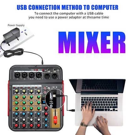 Powerpak MG-4 6-Channel Audio Mixer, Sound Board Mixing Console | 48V Phantom Power, MP3,Bluetooth,Echoes,USB Recording and XLR Output for DJ Show,Streaming,Podcasting