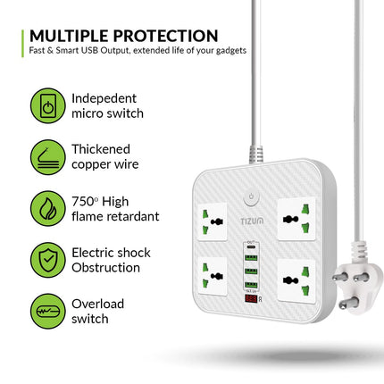 Tizum 3000W Power Converter, Fast Charging Extension Board/Cord with 4 Power Sockets, 1 QC/USB 3.1A, 1 PD Charger, 2 USB Ports, 2M Cord Length, Short Circuit Protection, 10Amp Power Outlet (White)